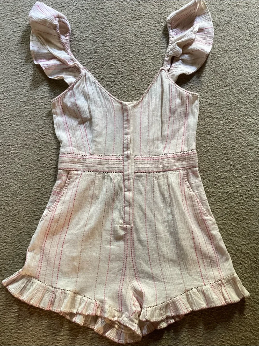LoveShackFancy Cream & Pink Embroidered Striped Ruffle One Piece Romper NWT Sz 4